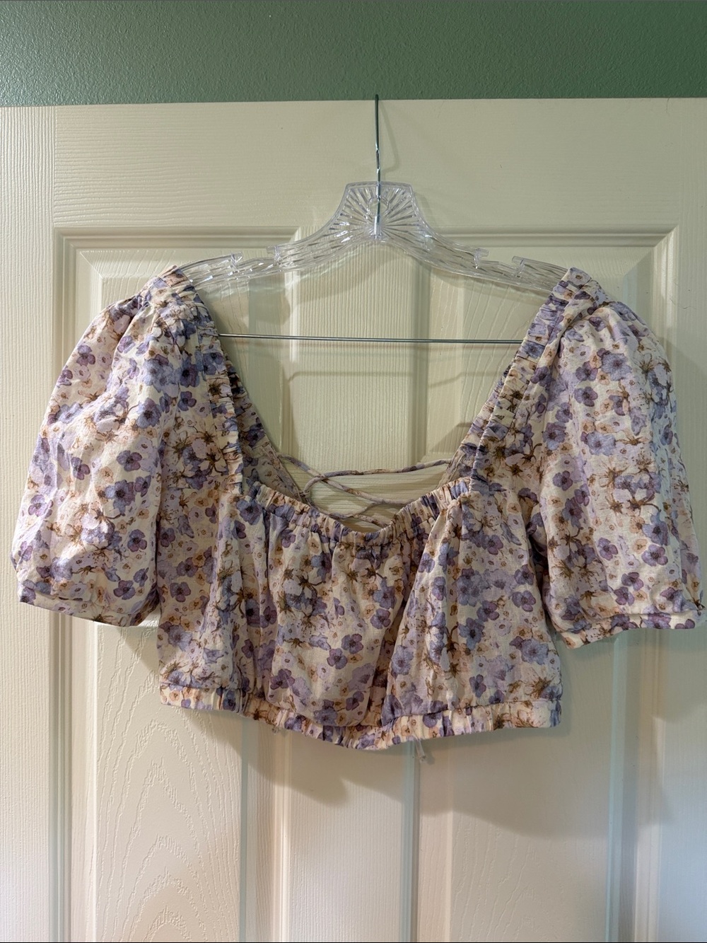 H&M Lavender Linen Floral Puff-Sleeve Ruched Corset Style Crop Top Size S